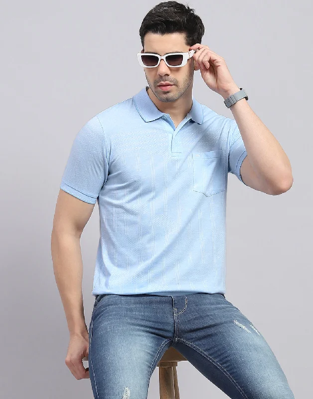 men's varsity jackets-Men Blue Printed Polo Collar Half Sleeve T-Shirt