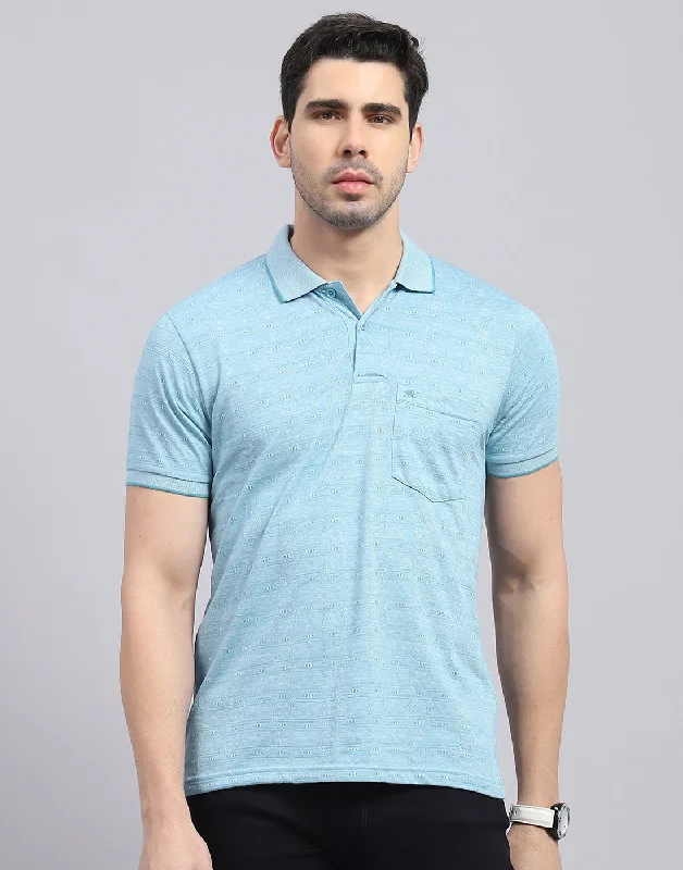 men's ribbed sweaters-Men Blue Printed Polo Collar Half Sleeve T-Shirt