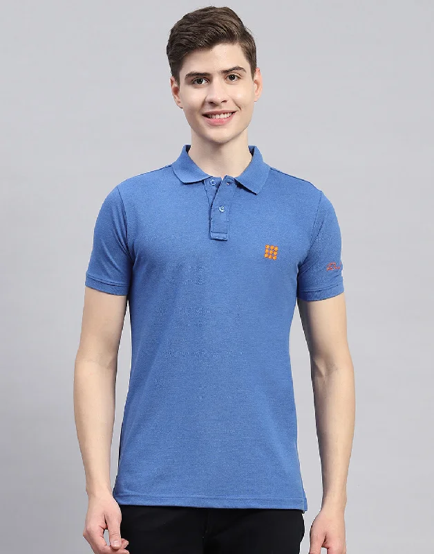 men's pea coats-Men Blue Solid Polo Collar Half Sleeve T-Shirt