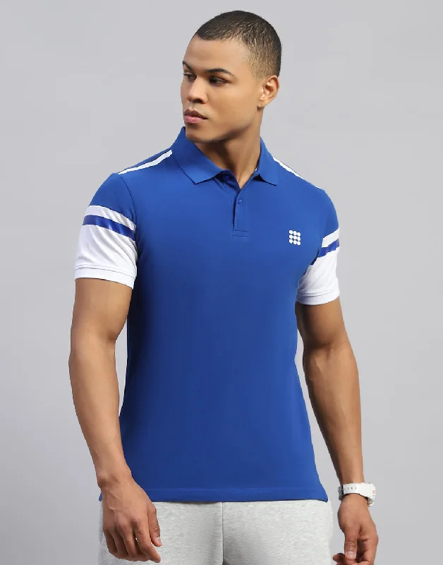 men's leather sweaters-Men Blue Solid Polo Collar Half Sleeve T-Shirt