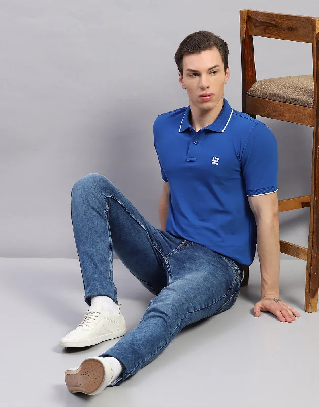 men's lightweight polos-Men Blue Solid Polo Collar Half Sleeve T-Shirt