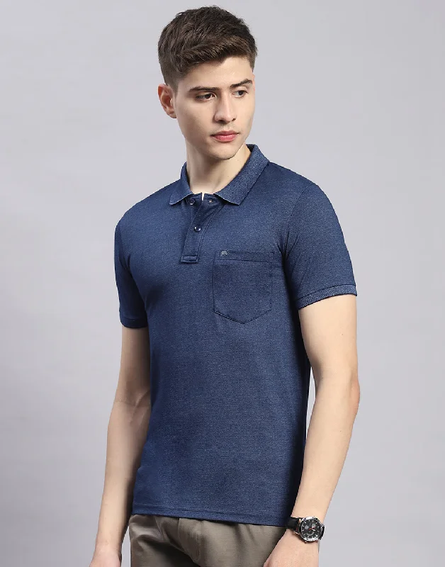 men's long-sleeve tees-Men Blue Solid Polo Collar Half Sleeve T-Shirt