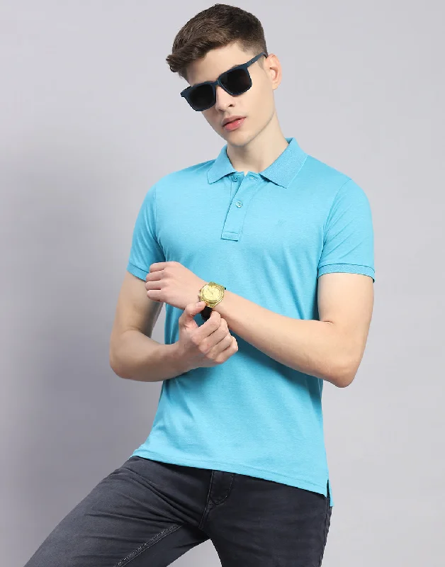 men's breathable underwear-Men Blue Solid Polo Collar Half Sleeve T-Shirt