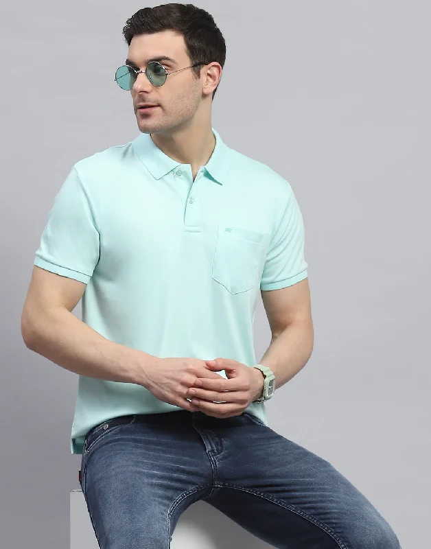 men's henley shirts-Men Blue Solid Polo Collar Half Sleeve T-Shirt