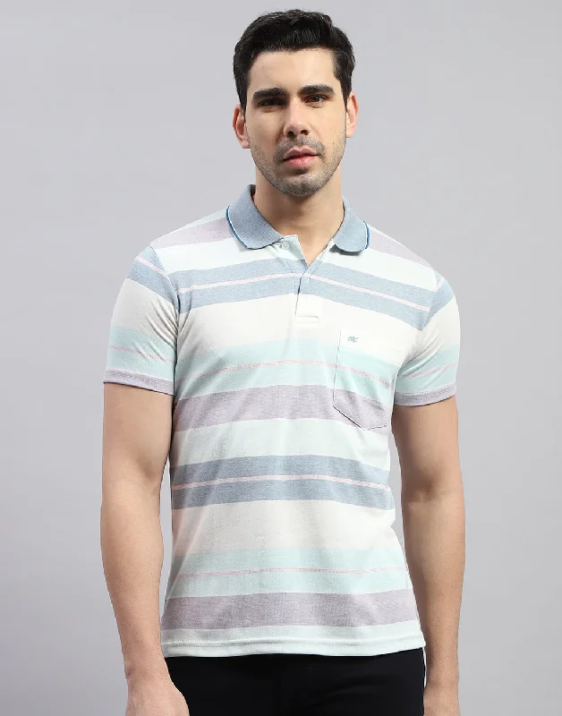 men's shawl collar sweaters-Men Blue Stripe Polo Collar Half Sleeve T-Shirt