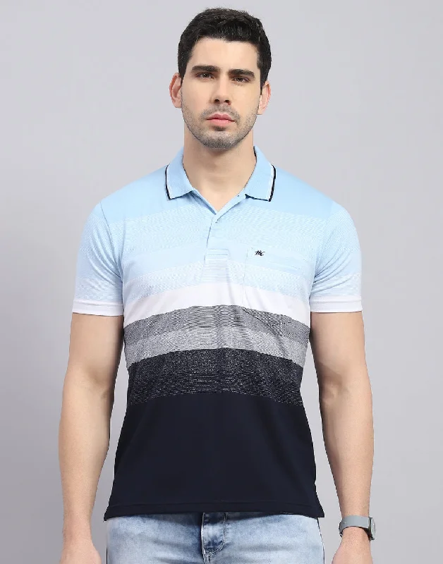 men's gabardine pants-Men Blue Stripe Polo Collar Half Sleeve T-Shirt