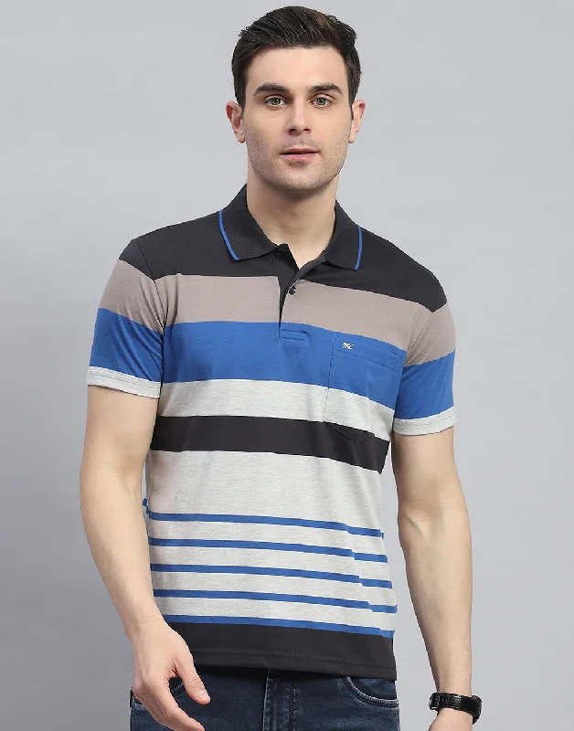 men's basketball shoes-Men Blue Stripe Polo Collar Half Sleeve T-Shirt