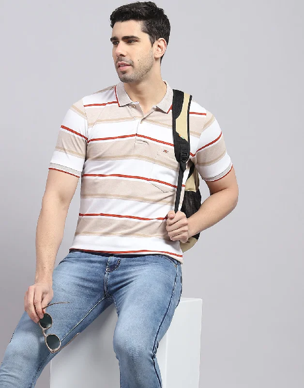 men's long coats-Men Brown Stripe Polo Collar Half Sleeve T-Shirt