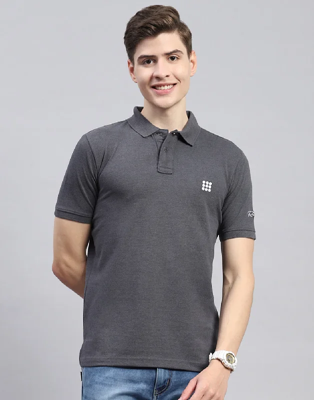 men's graphic tees-Men Charcoal Solid Polo Collar Half Sleeve T-Shirt