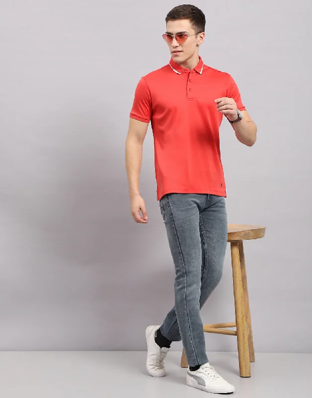 men's casual hoodies-Men Coral Solid Polo Collar Half Sleeve T-Shirt