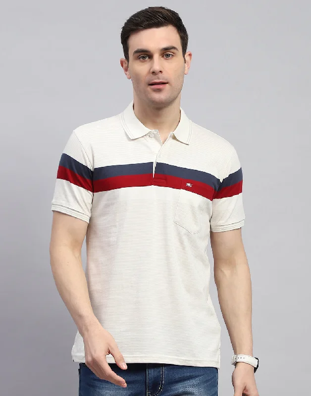 men's sports jackets-Men Cream Stripe Polo Collar Half Sleeve T-Shirt