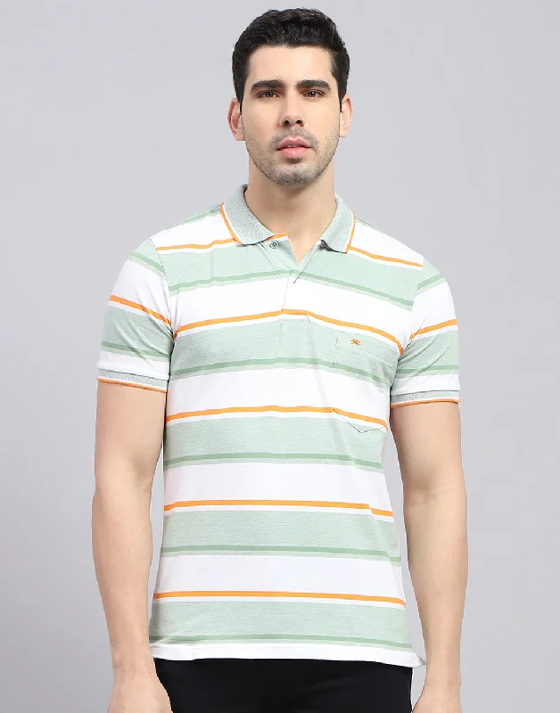 men's quilted jackets-Men Green Stripe Polo Collar Half Sleeve T-Shirt