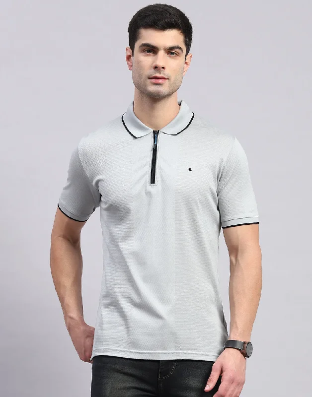 men's cotton hoodies-Men Grey Solid Polo Collar Half Sleeve T-Shirt