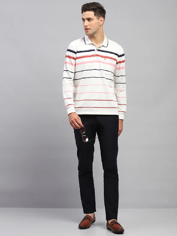 men's classic sweaters-Men Grey Stripe Polo Collar Full Sleeve T-Shirt