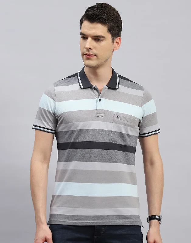 men's twill vests-Men Grey Stripe Polo Collar Half Sleeve T-Shirt