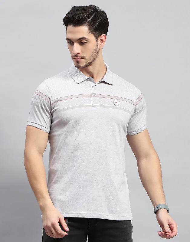 men's performance polos-Men Grey Stripe Polo Collar Half Sleeve T-Shirt