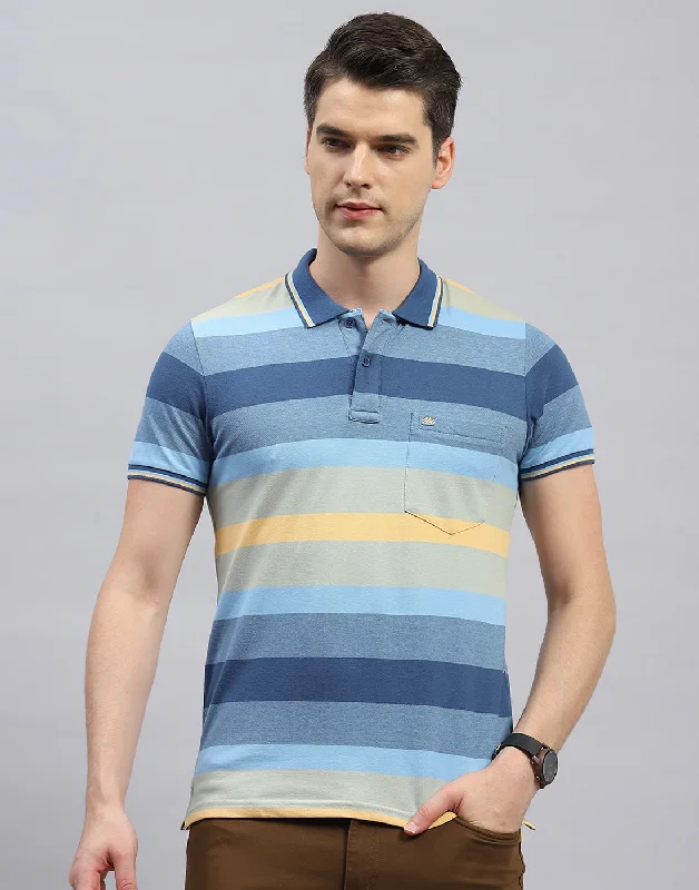 men's slim vests-Men Light Blue Stripe Polo Collar Half Sleeve T-Shirt