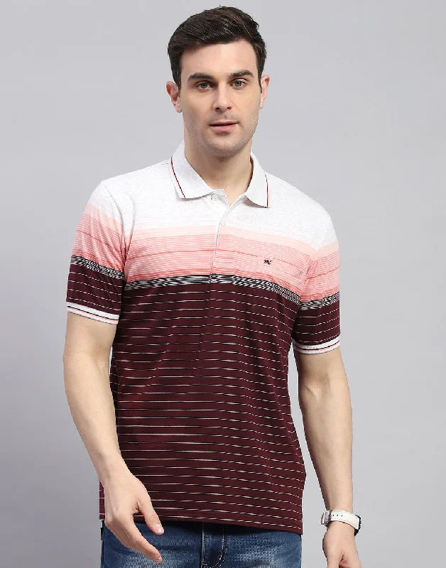 men's silk ties-Men Maroon Stripe Polo Collar Half Sleeve T-Shirt