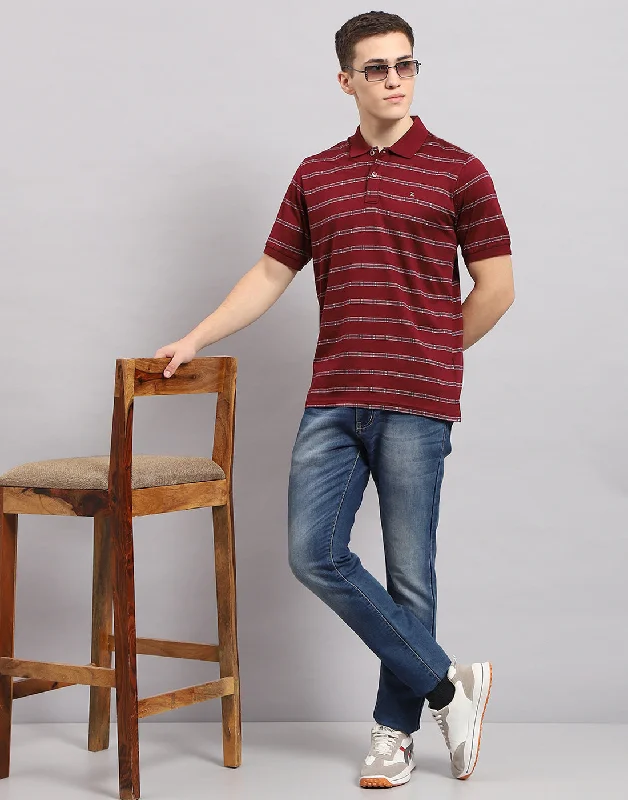 men's leather vests-Men Maroon Stripe Polo Collar Half Sleeve T-Shirt