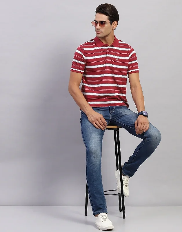 men's performance polos-Men Maroon Stripe Polo Collar Half Sleeve T-Shirt