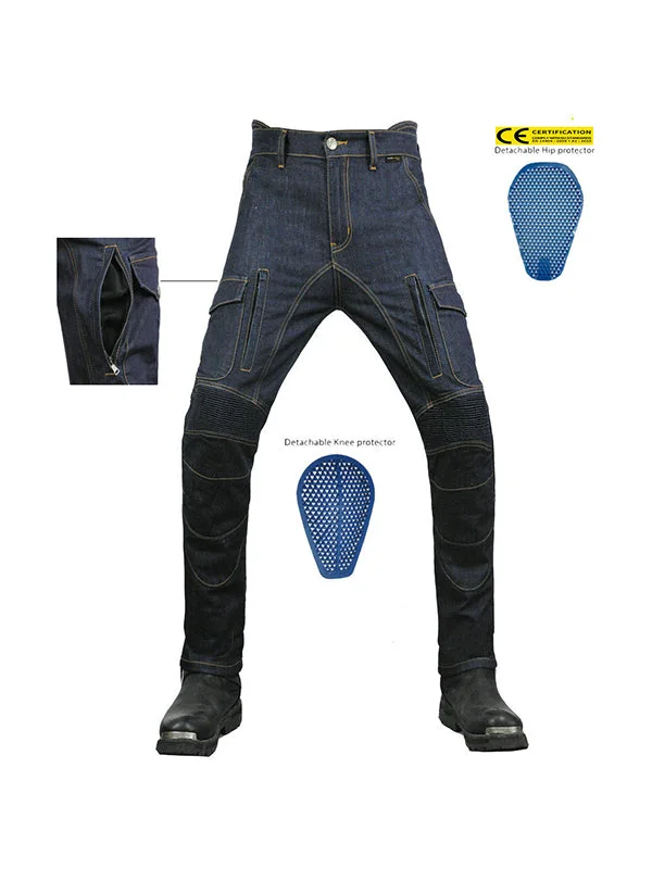 men's cable knit sweaters-Men’s High-Stretch Cordura Motorcycle Cargo Jeans with Removable Blue Silicone Knee & Hip Protectors