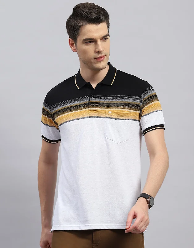 men's white vests-Men Multi Color Stripe Polo Collar Half Sleeve T-Shirt