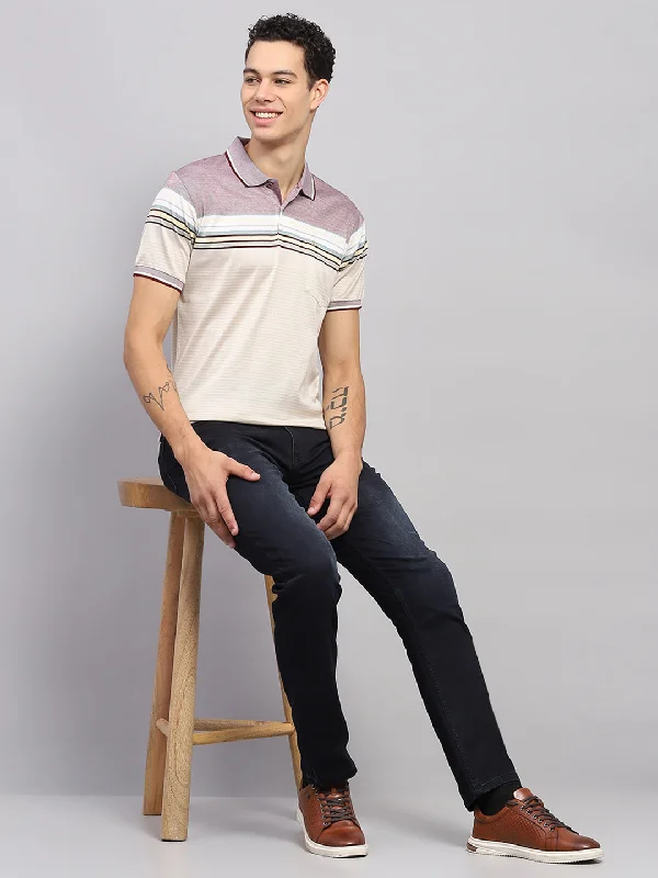 men's white polos-Men Multicolor Stripe Polo Collar Half Sleeve T-Shirt