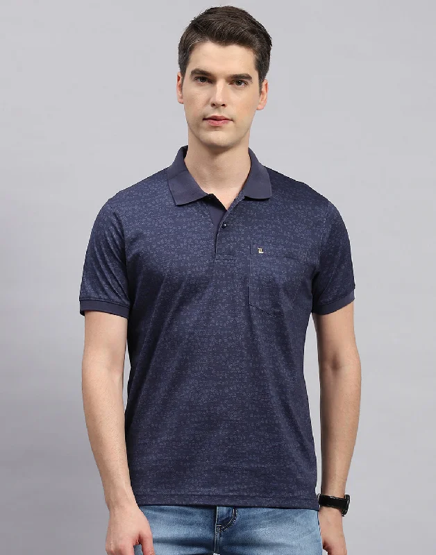 men's plaid shorts-Men Navy Blue Printed Polo Collar Half Sleeve T-Shirt