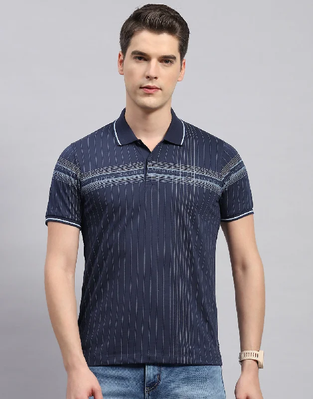 men's striped jackets-Men Navy Blue Printed Polo Collar Half Sleeve T-Shirt