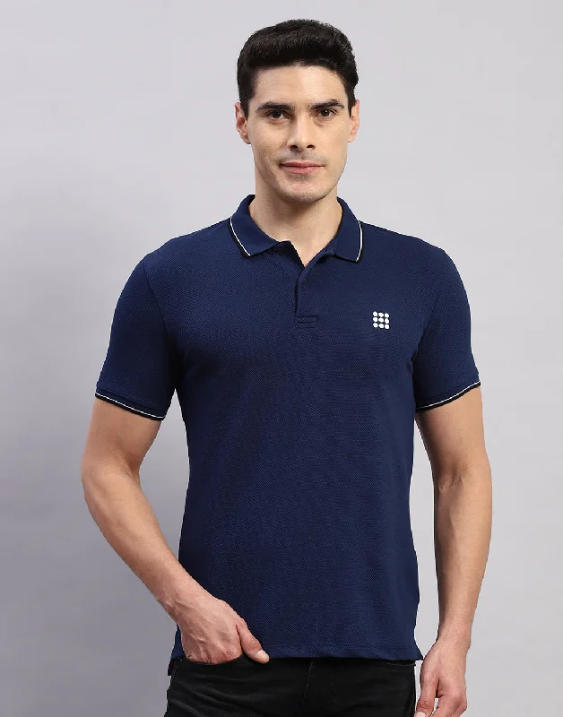 men's hiking polos-Men Navy Blue Solid Polo Collar Half Sleeve T-Shirt