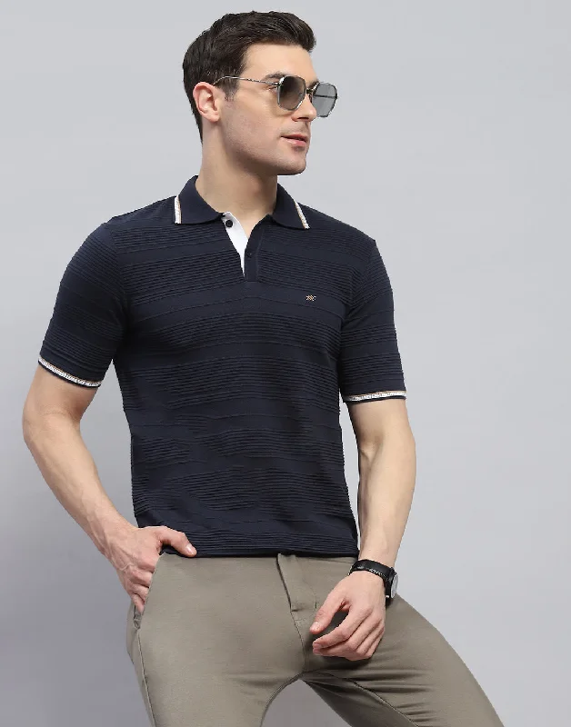 men's utility jackets-Men Navy Blue Solid Polo Collar Half Sleeve T-Shirt