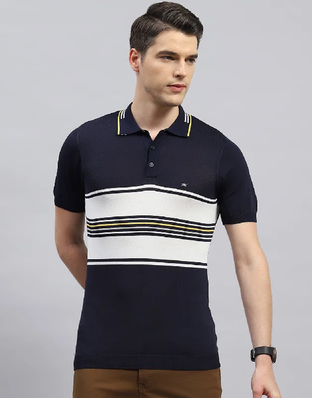 men's twill sweaters-Men Navy Blue Stripe Polo Collar Half Sleeve T-Shirt