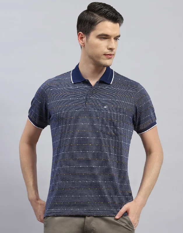 men's striped sweaters-Men Navy Blue Stripe Polo Collar Half Sleeve T-Shirt