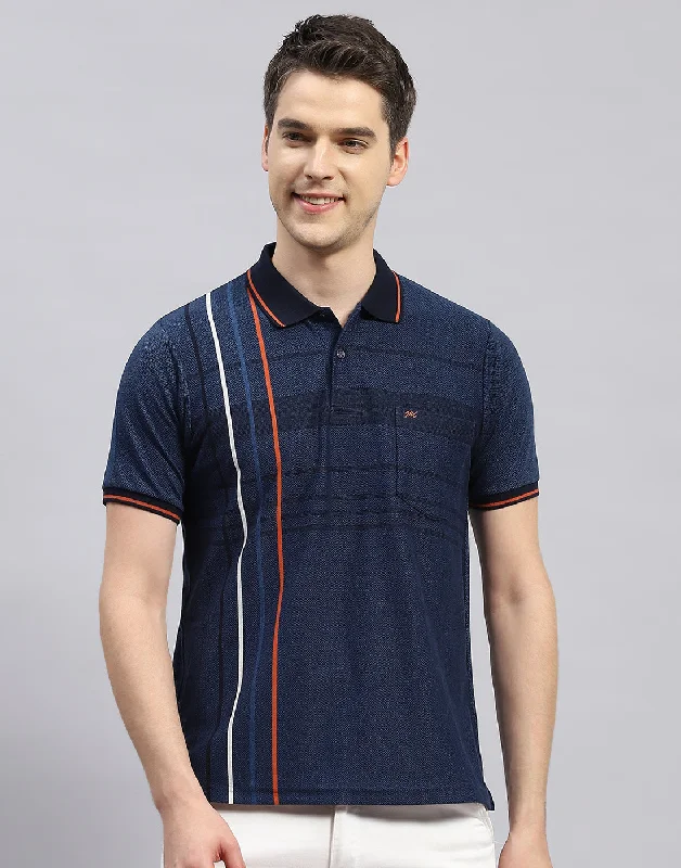 men's plaid sweaters-Men Navy Blue Stripe Polo Collar Half Sleeve T-Shirt