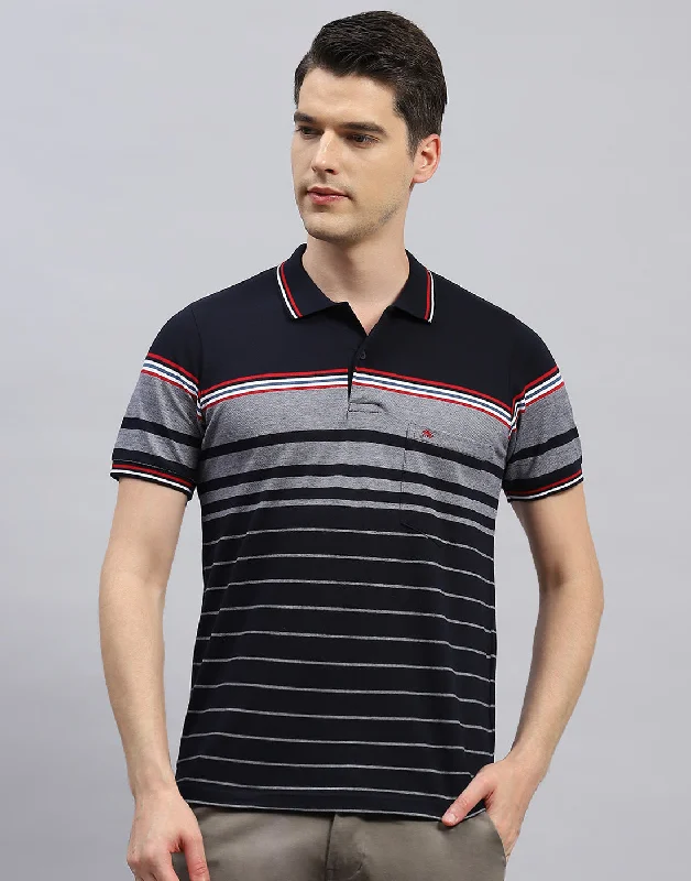 men's striped vests-Men Navy Blue Stripe Polo Collar Half Sleeve T-Shirt