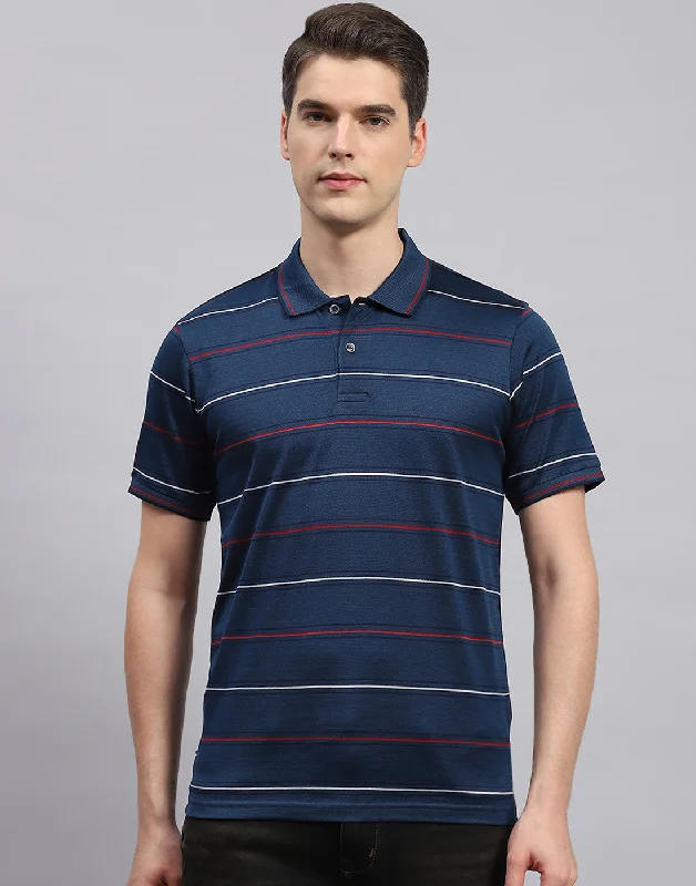 men's classic shorts-Men Navy Blue Stripe Polo Collar Half Sleeve T-Shirt