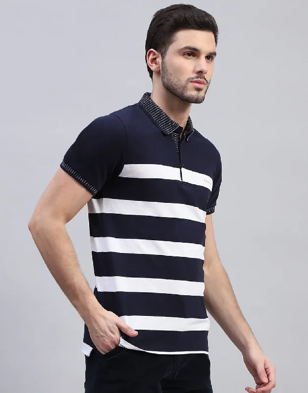 men's hiking polos-Men Navy Blue Stripe Polo Collar Half Sleeve T-Shirt