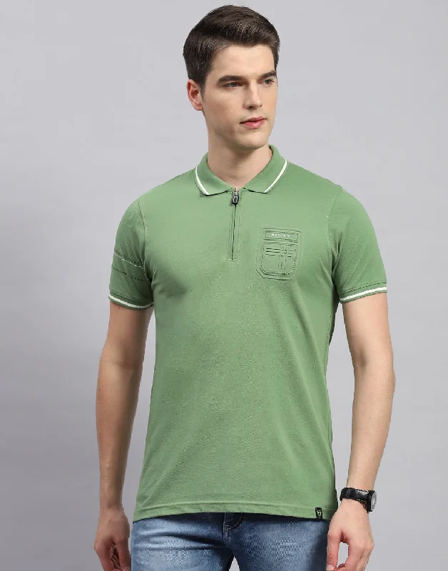 men's twill jackets-Men Olive Printed Polo Collar Half Sleeve T-Shirt