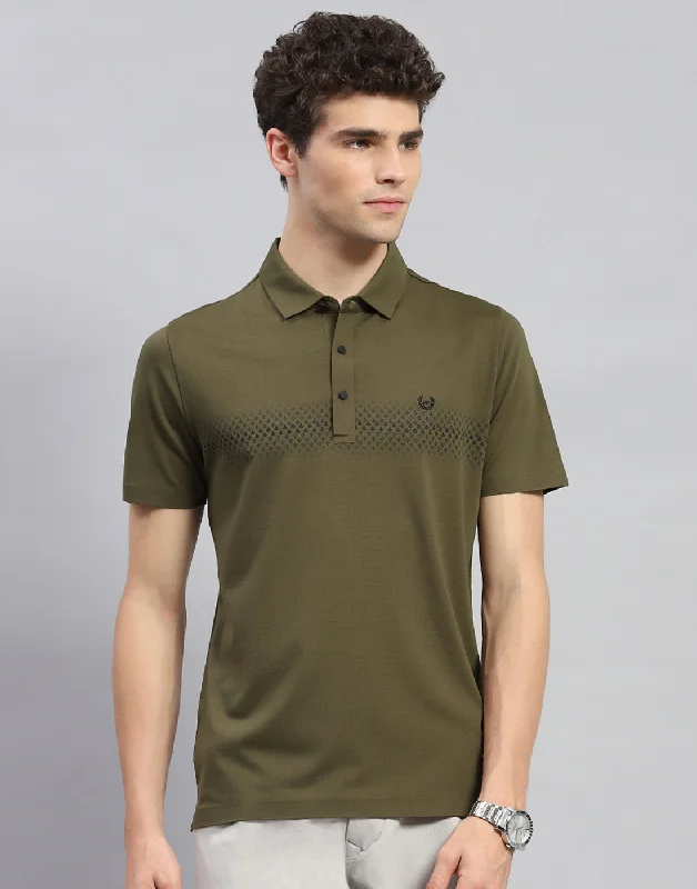 men's wool shorts-Men Olive Printed Polo Collar Half Sleeve T-Shirt