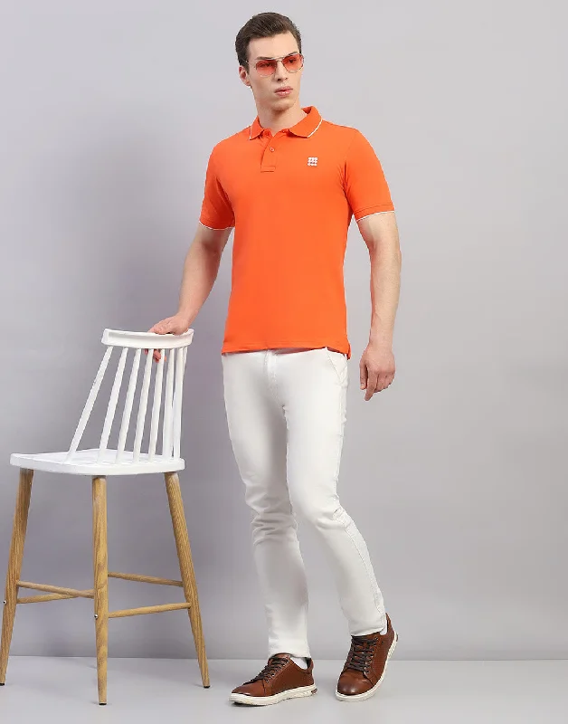 men's wool polos-Men Orange Solid Polo Collar Half Sleeve T-Shirt