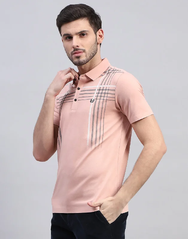 men's leather tees-Men Peach Printed Polo Collar Half Sleeve T-Shirt