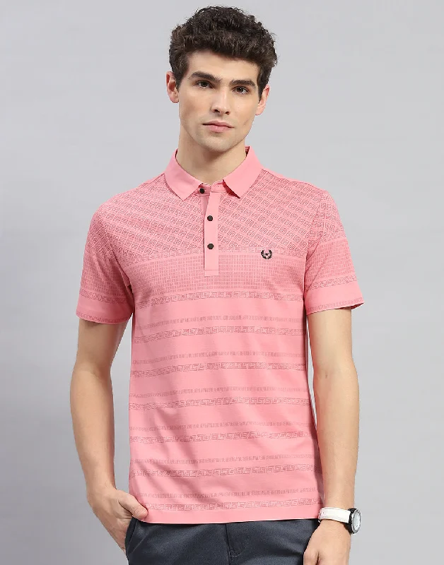 men's performance shorts-Men Peach Printed Polo Collar Half Sleeve T-Shirt