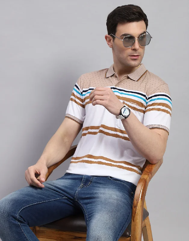 men's casual belts-Men Peach Stripe Polo Collar Half Sleeve T-Shirt