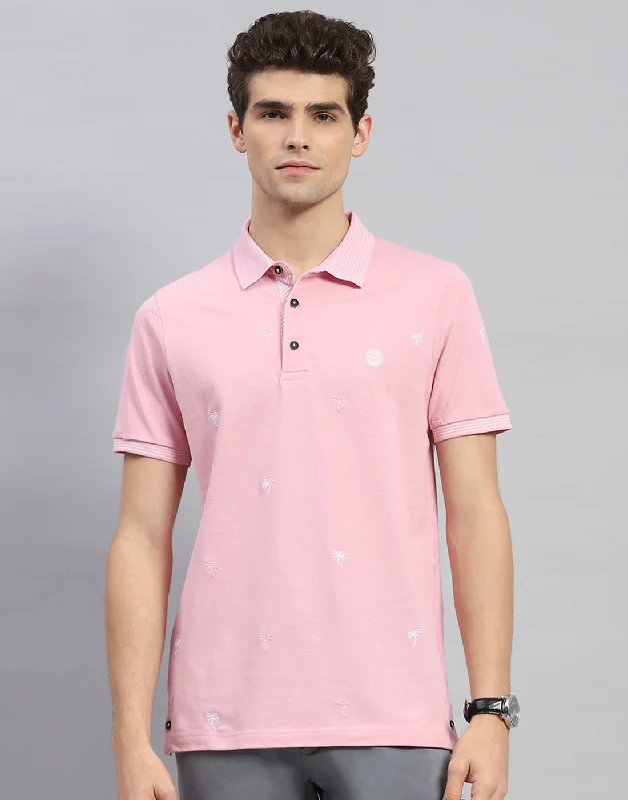 men's denim vests-Men Pink Solid Polo Collar Half Sleeve T-Shirt