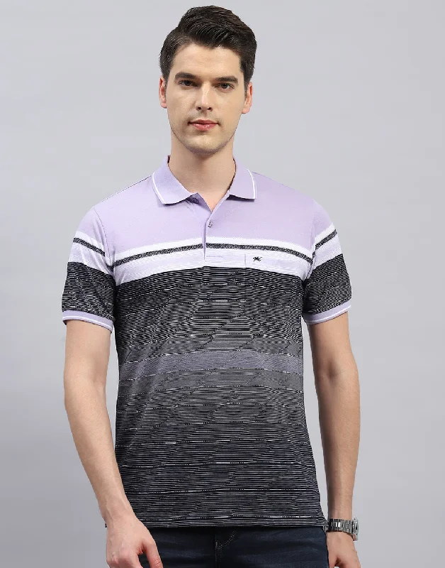 men's hiking vests-Men Purple Stripe Polo Collar Half Sleeve T-Shirt