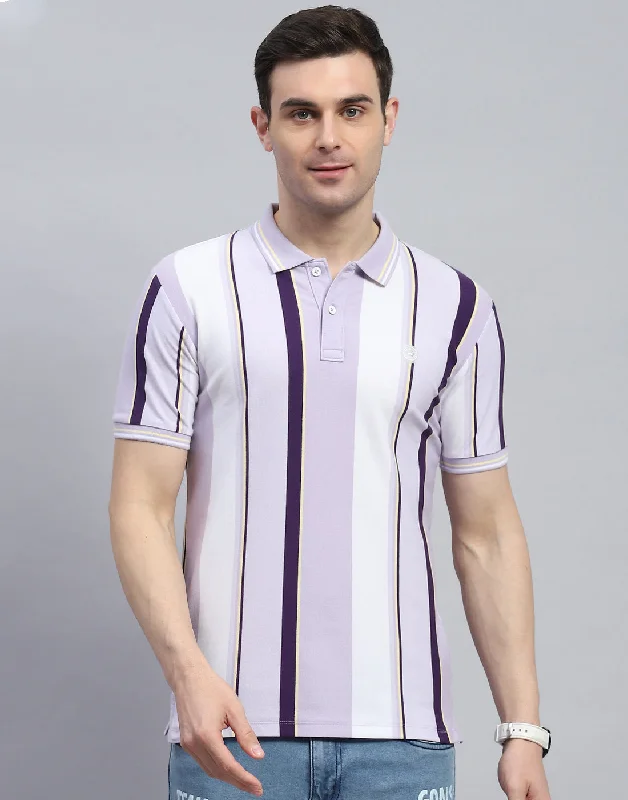 men's plaid trousers-Men Purple Stripe Polo Collar Half Sleeve T-Shirt