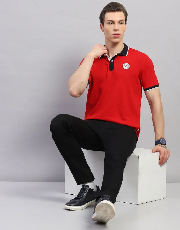 men's denim sweaters-Men Red Solid Polo Collar Half Sleeve T-Shirt