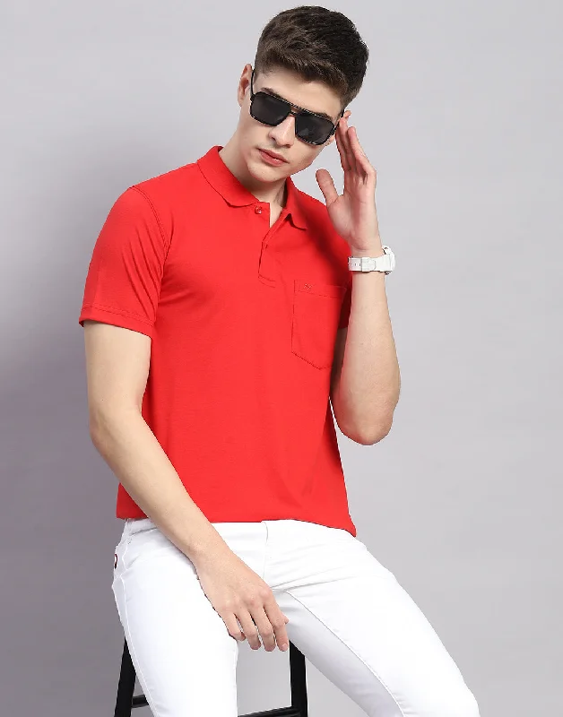 men's motorcycle jackets-Men Red Solid Polo Collar Half Sleeve T-Shirt