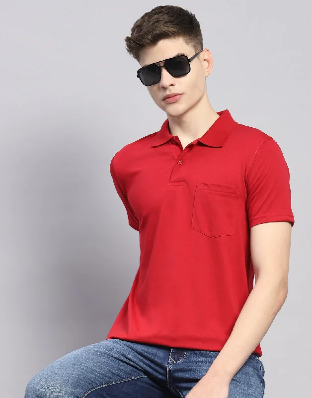 men's twill trousers-Men Red Solid Polo Collar Half Sleeve T-Shirt