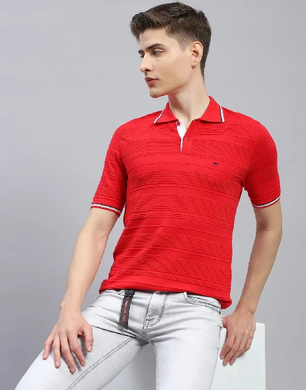 men's cargo shorts-Men Red Solid Polo Collar Half Sleeve T-Shirt